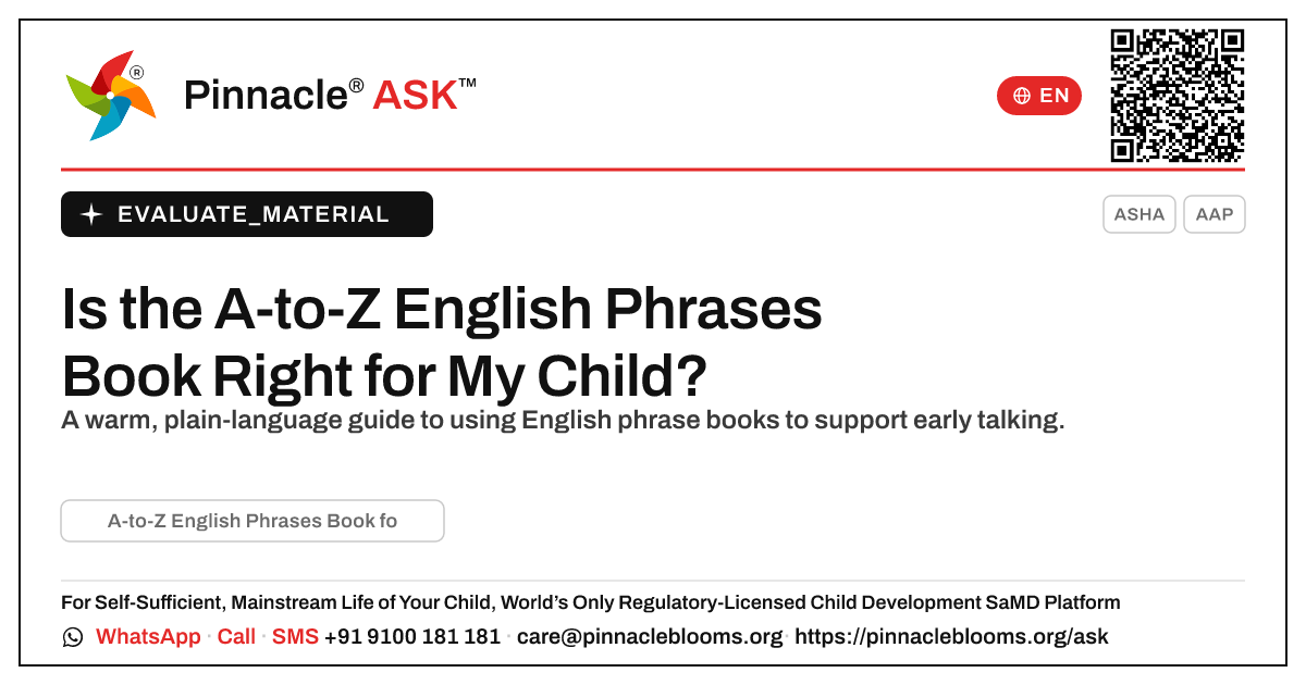 A-to-Z English Phrases Book for Kids: Is It Right for My Child? — Pinnacle Ask answer card with a short explanation and QR link