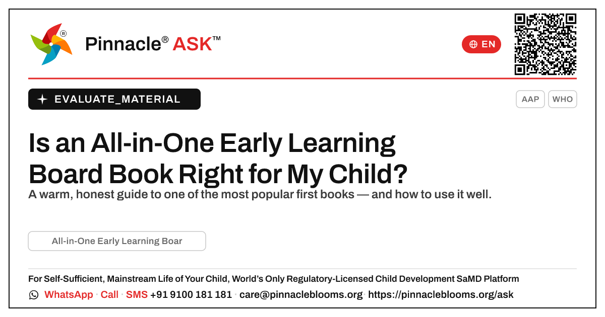 All-in-One Early Learning Board Book — Pinnacle Ask answer card with a short explanation and QR link