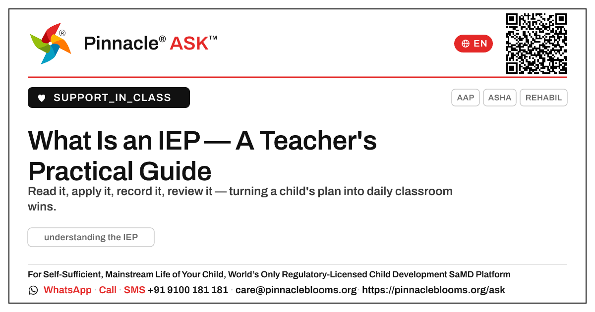 Understanding the IEP for teachers — Pinnacle Ask answer card with a short explanation and QR link