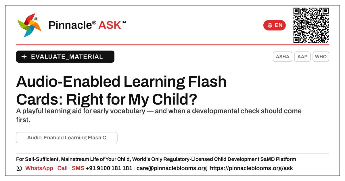 What is Audio-Enabled Learning Flash Cards, and is it right for my child? — Pinnacle Ask answer card with a short explanation and QR link