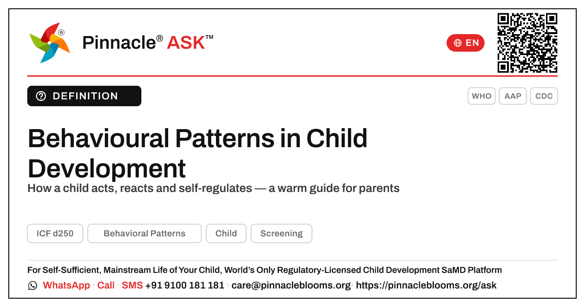 What is Behavioral Patterns in child development? — Pinnacle Ask answer card with a short explanation and QR link