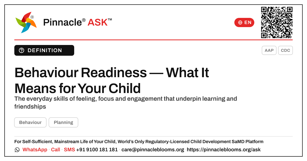 What is behaviour readiness, and why does it matter for my child? — Pinnacle Ask answer card with a short explanation and QR link