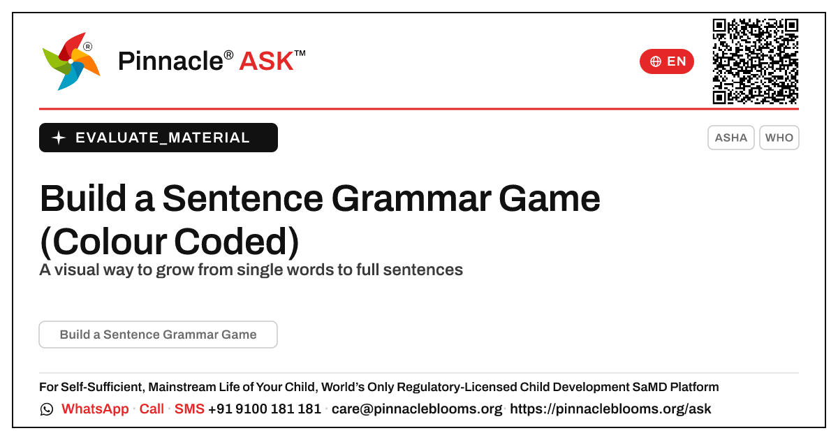 Build a Sentence Grammar Game (Colour Coded): Is It Right for My Child? — Pinnacle Ask answer card with a short explanation and QR link