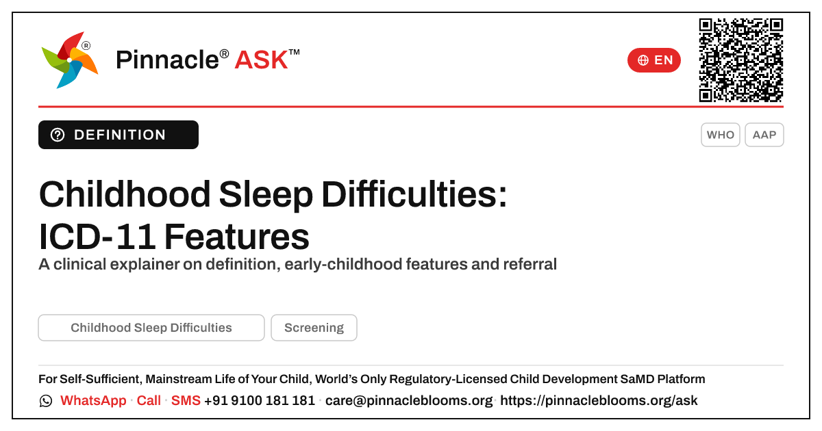 Childhood Sleep Difficulties and ICD-11 Features in Early Childhood — Pinnacle Ask answer card with a short explanation and QR link