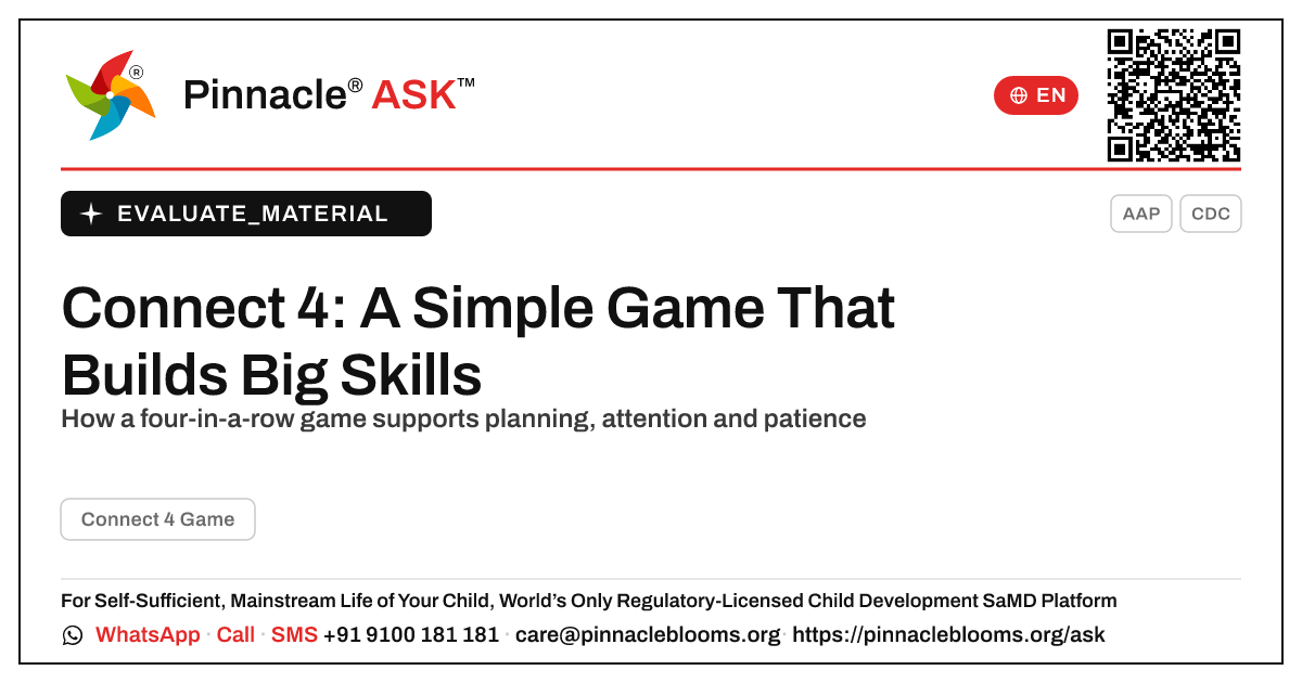 What is Connect 4 Game, and is it right for my child? — Pinnacle Ask answer card with a short explanation and QR link