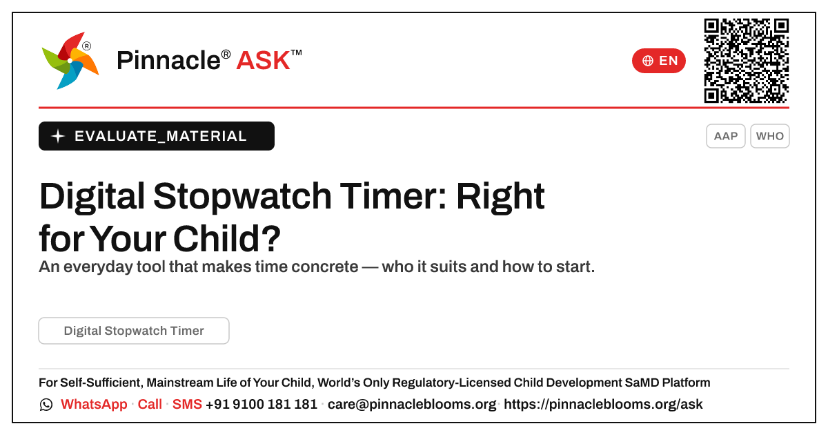 What is Digital Stopwatch Timer, and is it right for my child? — Pinnacle Ask answer card with a short explanation and QR link