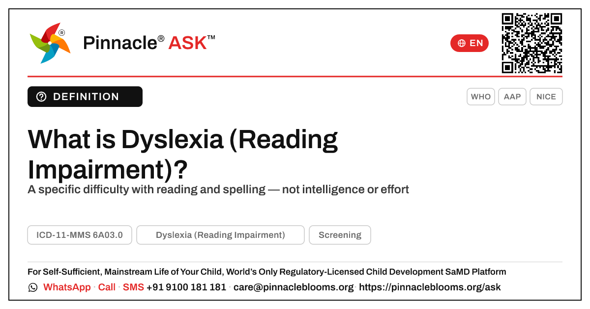 What is Dyslexia (Reading Impairment)? — Pinnacle Ask answer card with a short explanation and QR link