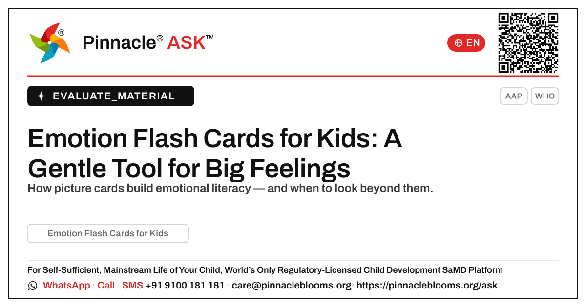 What is Emotion Flash Cards for Kids, and is it right for my child? — Pinnacle Ask answer card with a short explanation and QR link
