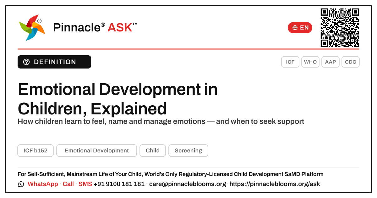 What is Emotional Development in child development? — Pinnacle Ask answer card with a short explanation and QR link