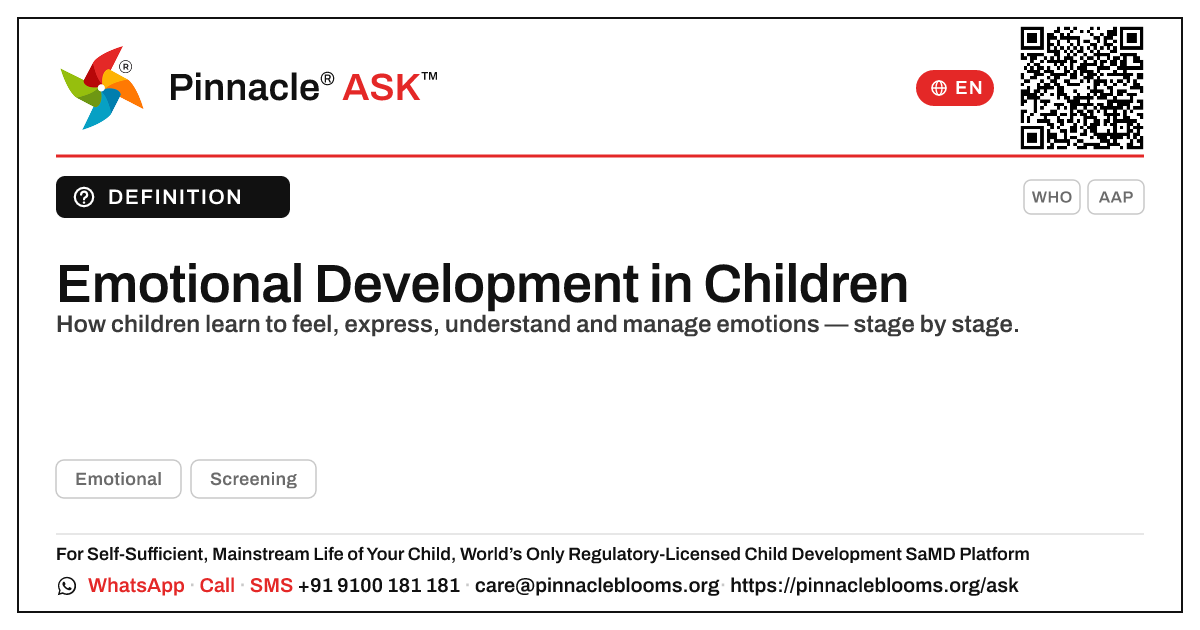 What is emotional development in children? — Pinnacle Ask answer card with a short explanation and QR link
