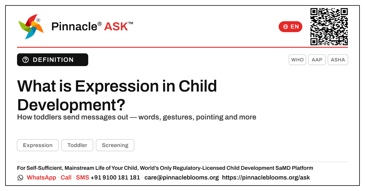 What is Expression in child development? — Pinnacle Ask answer card with a short explanation and QR link