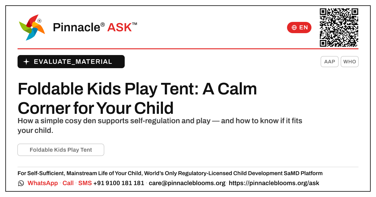 What is Foldable Kids Play Tent, and is it right for my child? — Pinnacle Ask answer card with a short explanation and QR link