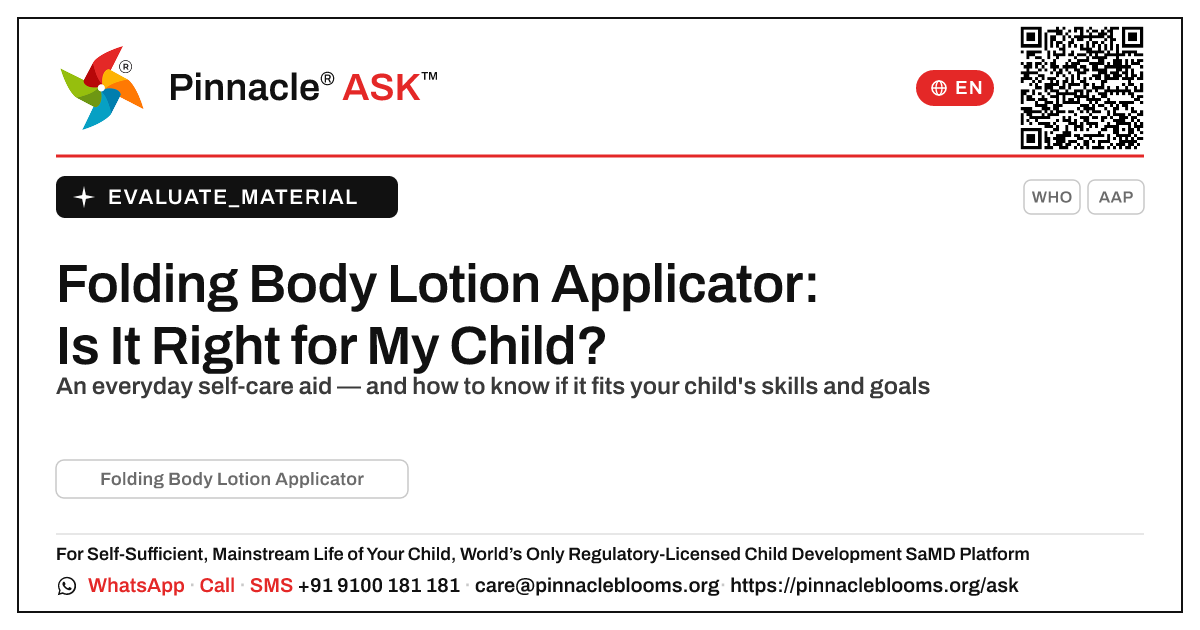 What is a Folding Body Lotion Applicator, and is it right for my child? — Pinnacle Ask answer card with a short explanation and QR link