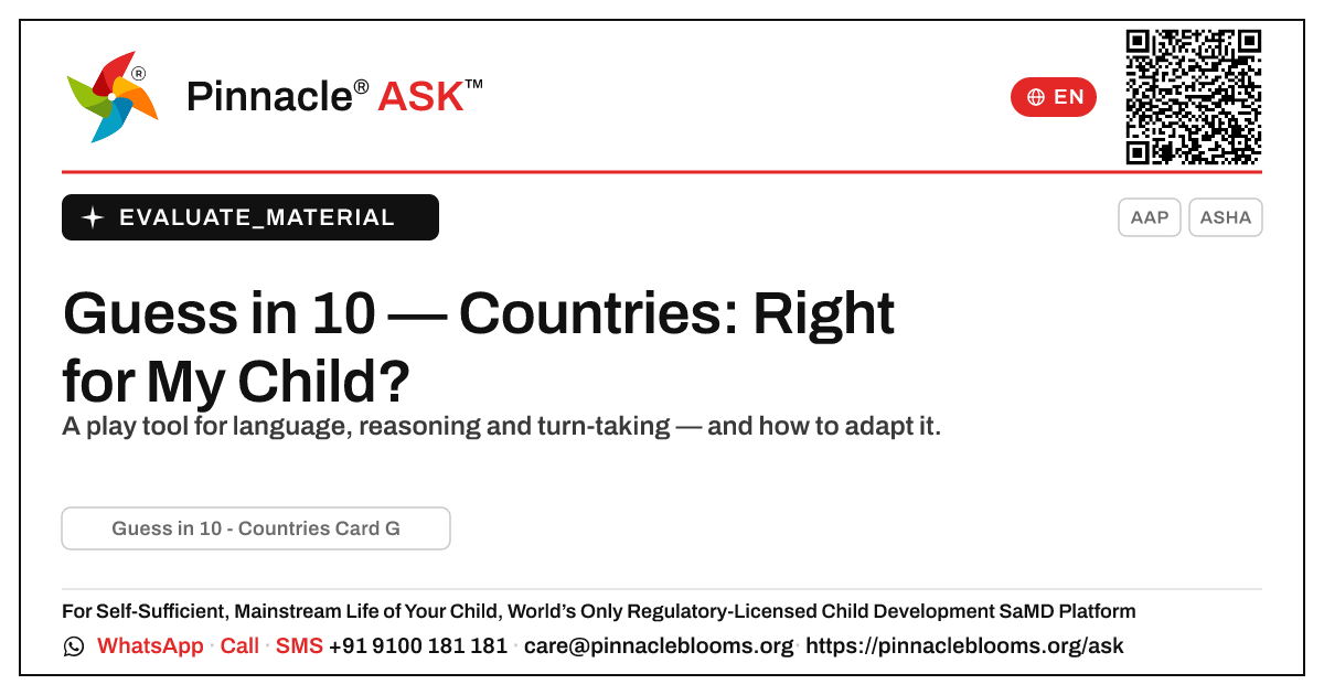 Guess in 10 — Countries Card Game — Pinnacle Ask answer card with a short explanation and QR link