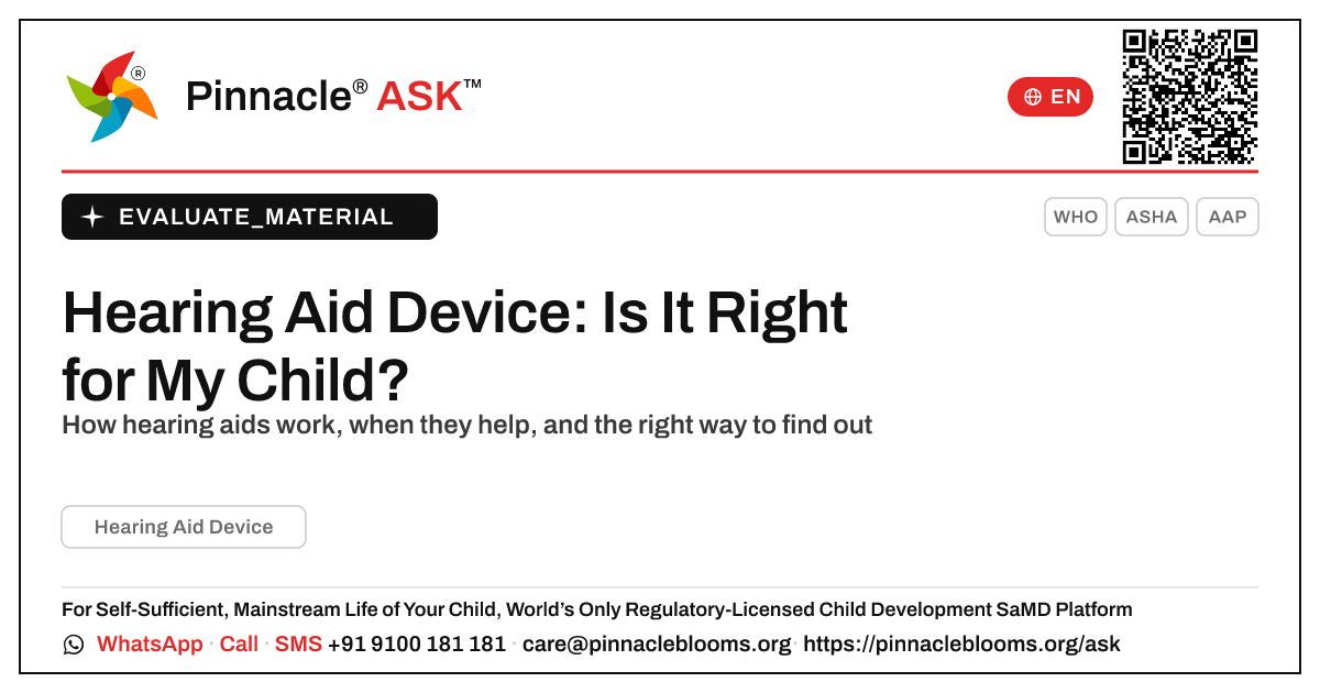Hearing Aid Device for Children — Pinnacle Ask answer card with a short explanation and QR link