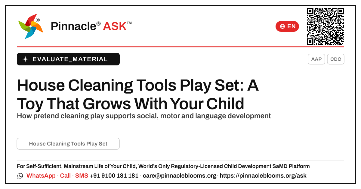 House Cleaning Tools Play Set: Is It Right for My Child? — Pinnacle Ask answer card with a short explanation and QR link