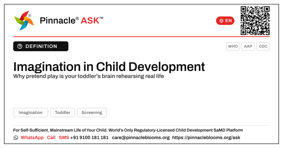 What is Imagination in child development? — Pinnacle Ask answer card with a short explanation and QR link