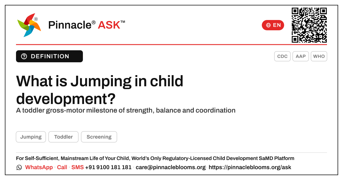 What is Jumping in child development? — Pinnacle Ask answer card with a short explanation and QR link