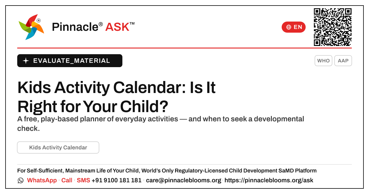 What is Kids Activity Calendar, and is it right for my child? — Pinnacle Ask answer card with a short explanation and QR link