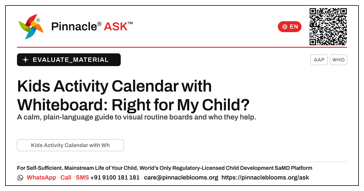 What is Kids Activity Calendar with Whiteboard, and is it right for my child? — Pinnacle Ask answer card with a short explanation and QR link