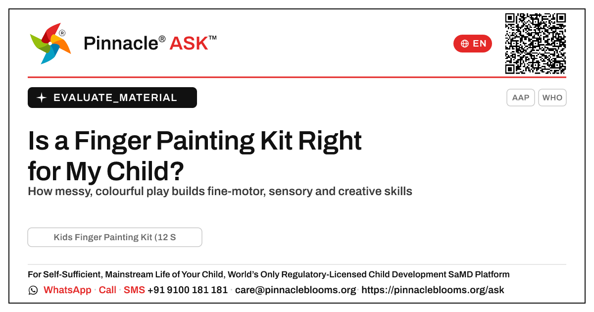What is Kids Finger Painting Kit (12 Sheets, 6 Colours), and is it right for my child? — Pinnacle Ask answer card with a short explanation and QR link