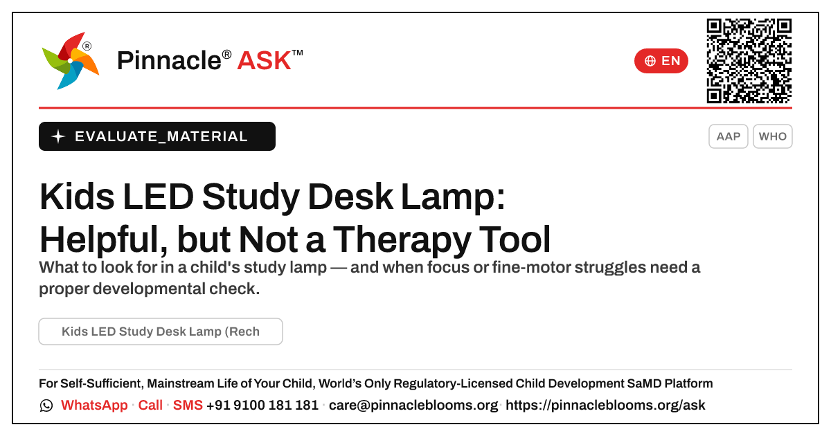 Kids LED Study Desk Lamp (Rechargeable): Is It Right for My Child? — Pinnacle Ask answer card with a short explanation and QR link