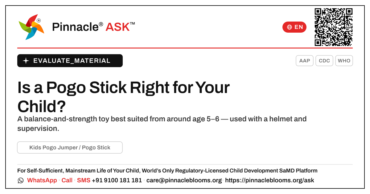 Kids Pogo Jumper / Pogo Stick: Is It Right for Your Child? — Pinnacle Ask answer card with a short explanation and QR link