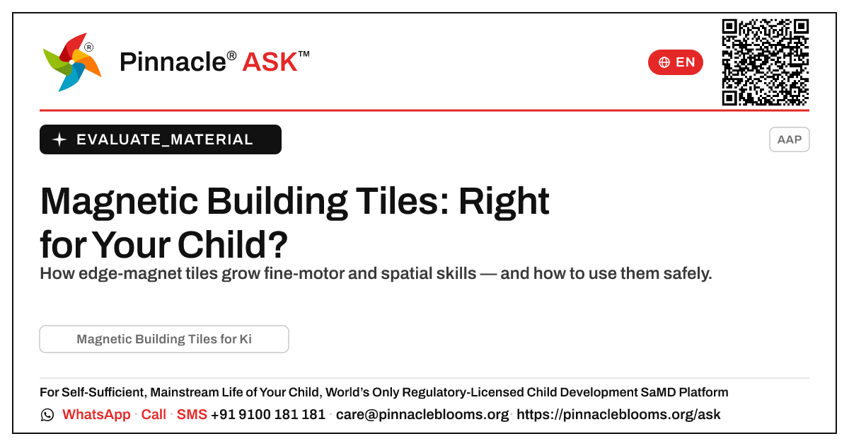 Magnetic Building Tiles for Kids — Pinnacle Ask answer card with a short explanation and QR link