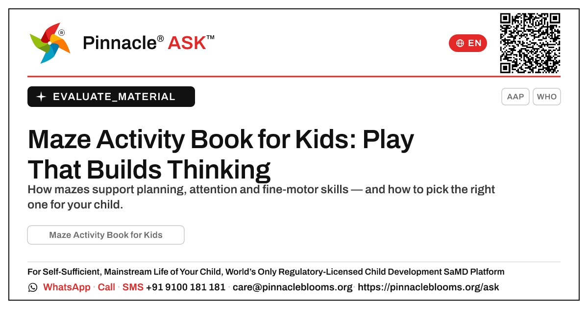 What is Maze Activity Book for Kids, and is it right for my child? — Pinnacle Ask answer card with a short explanation and QR link