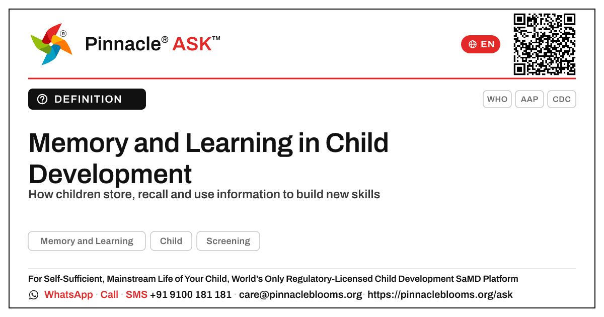 What is Memory and Learning in child development? — Pinnacle Ask answer card with a short explanation and QR link