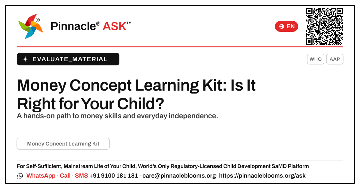 What is the Money Concept Learning Kit, and is it right for my child? — Pinnacle Ask answer card with a short explanation and QR link
