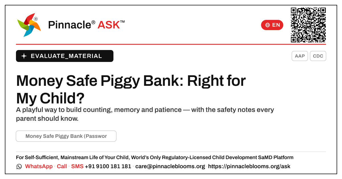 Money Safe Piggy Bank (Password Protected): A Parent's Guide — Pinnacle Ask answer card with a short explanation and QR link