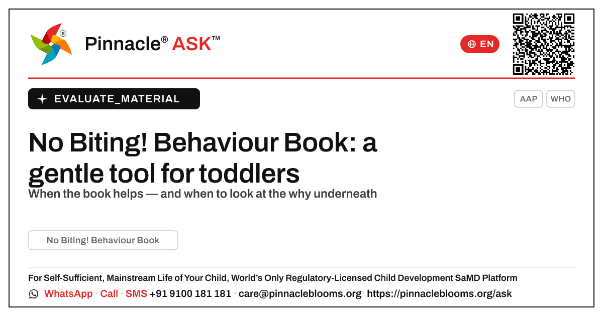 What is No Biting! Behaviour Book, and is it right for my child? — Pinnacle Ask answer card with a short explanation and QR link