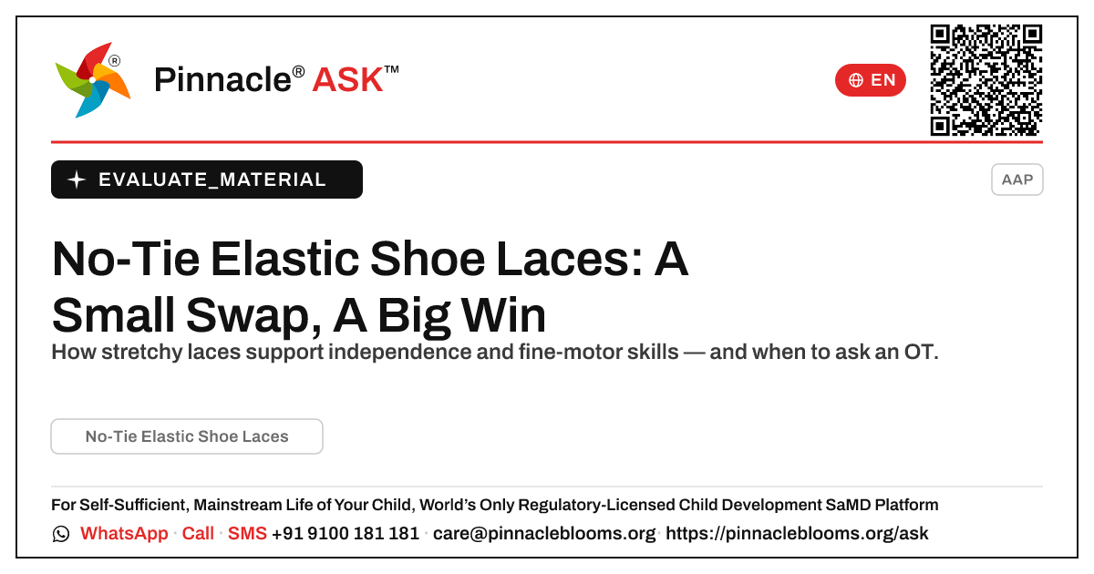 What is No-Tie Elastic Shoe Laces, and is it right for my child? — Pinnacle Ask answer card with a short explanation and QR link