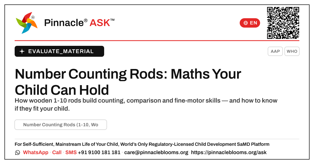 Number Counting Rods (1-10, Wooden) — Pinnacle Ask answer card with a short explanation and QR link