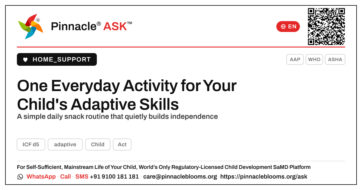 One Everyday Activity to Build Your Child's Adaptive Skills — Pinnacle Ask answer card with a short explanation and QR link