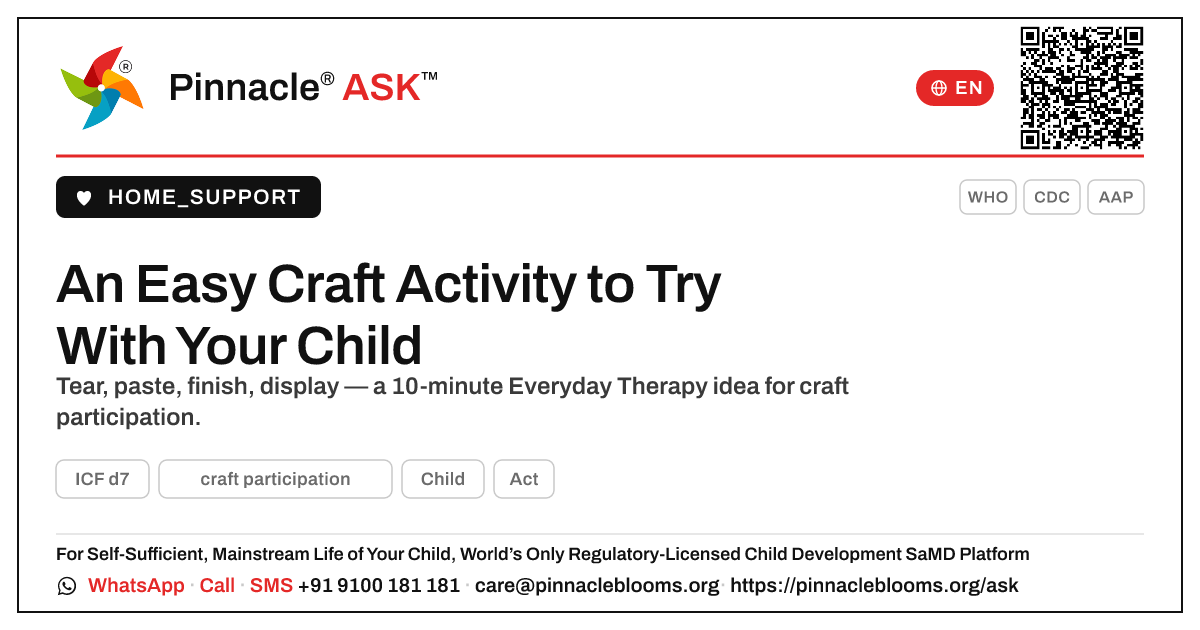 One Everyday Therapy Activity for Craft Participation — Pinnacle Ask answer card with a short explanation and QR link