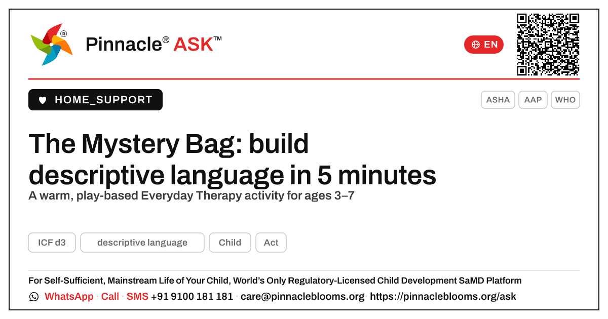 What is one Everyday Therapy activity for descriptive language? — Pinnacle Ask answer card with a short explanation and QR link