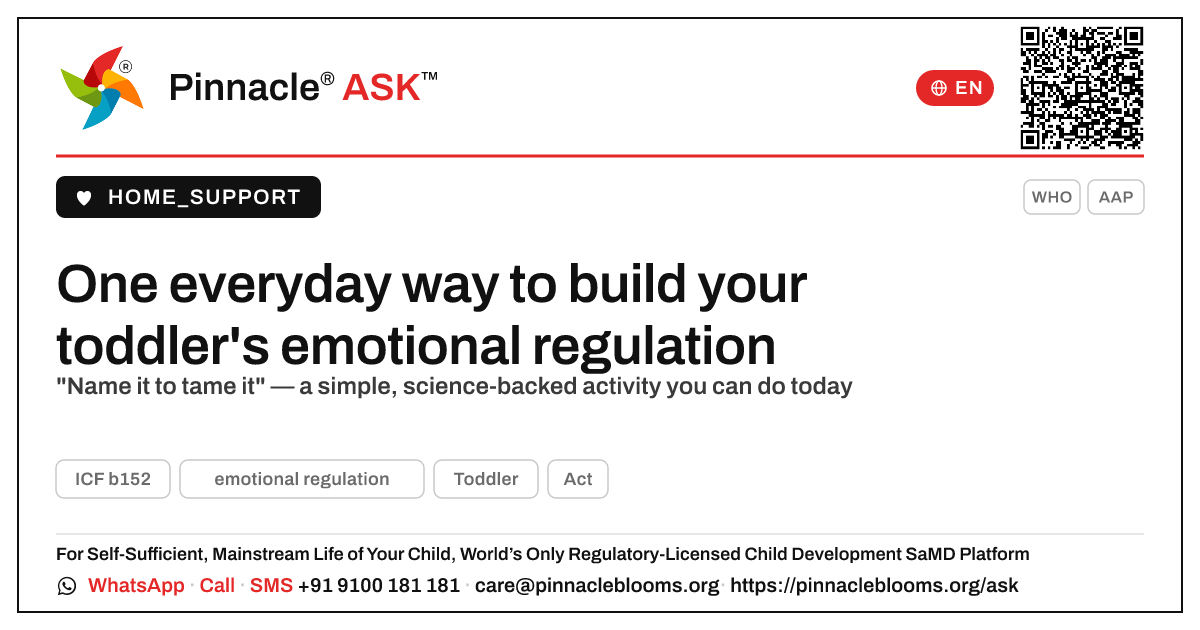What is one Everyday Therapy activity to help my child with emotional regulation? — Pinnacle Ask answer card with a short explanation and QR link