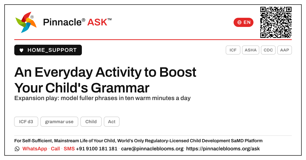 One Everyday Therapy Activity for Your Child's Grammar Use — Pinnacle Ask answer card with a short explanation and QR link