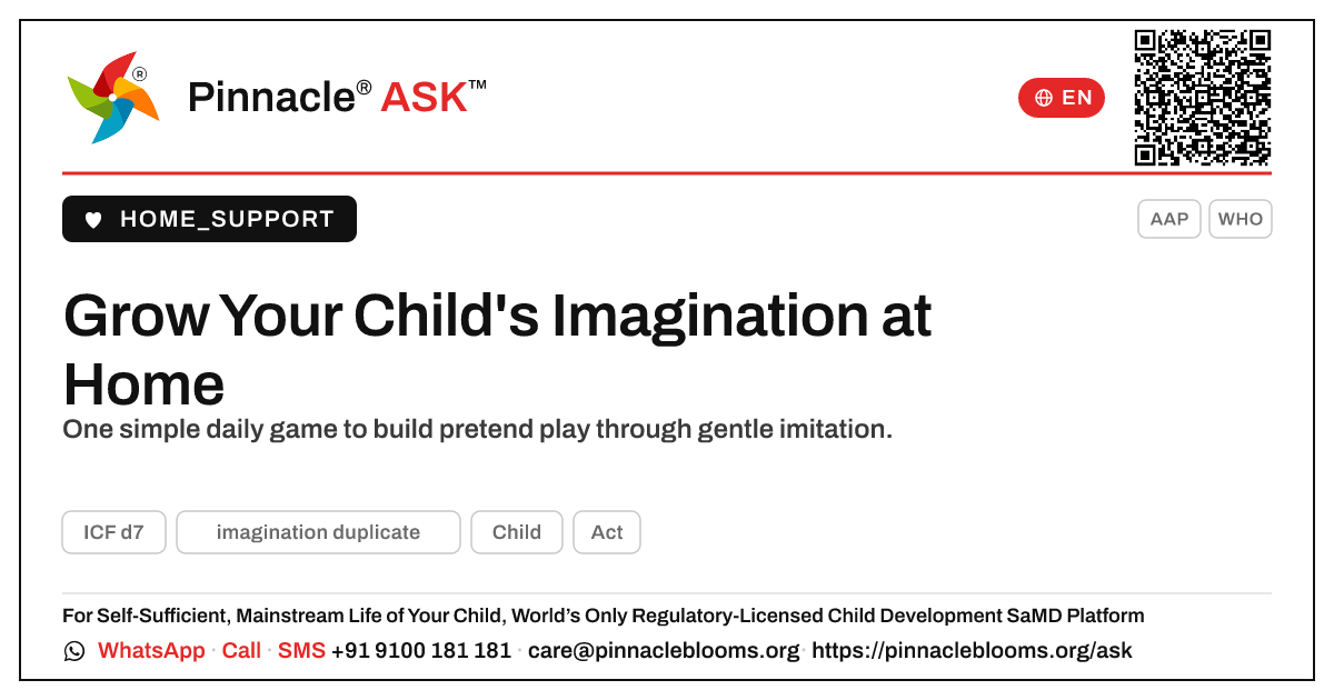 What is one Everyday Therapy activity to help my child with imaginative play? — Pinnacle Ask answer card with a short explanation and QR link