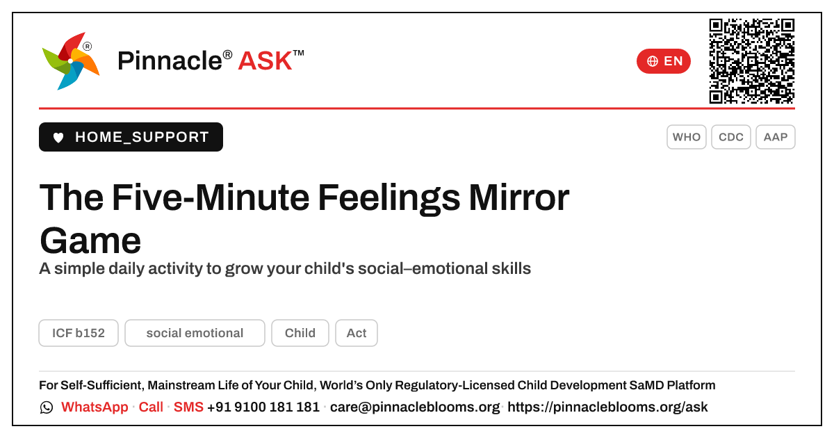 What is one Everyday Therapy activity to help my child with social–emotional? — Pinnacle Ask answer card with a short explanation and QR link
