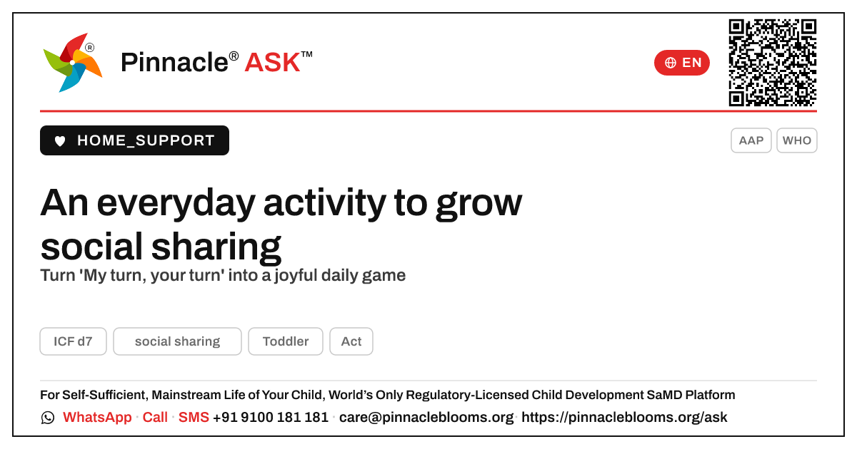 Everyday Therapy activity for social sharing in toddlers — Pinnacle Ask answer card with a short explanation and QR link