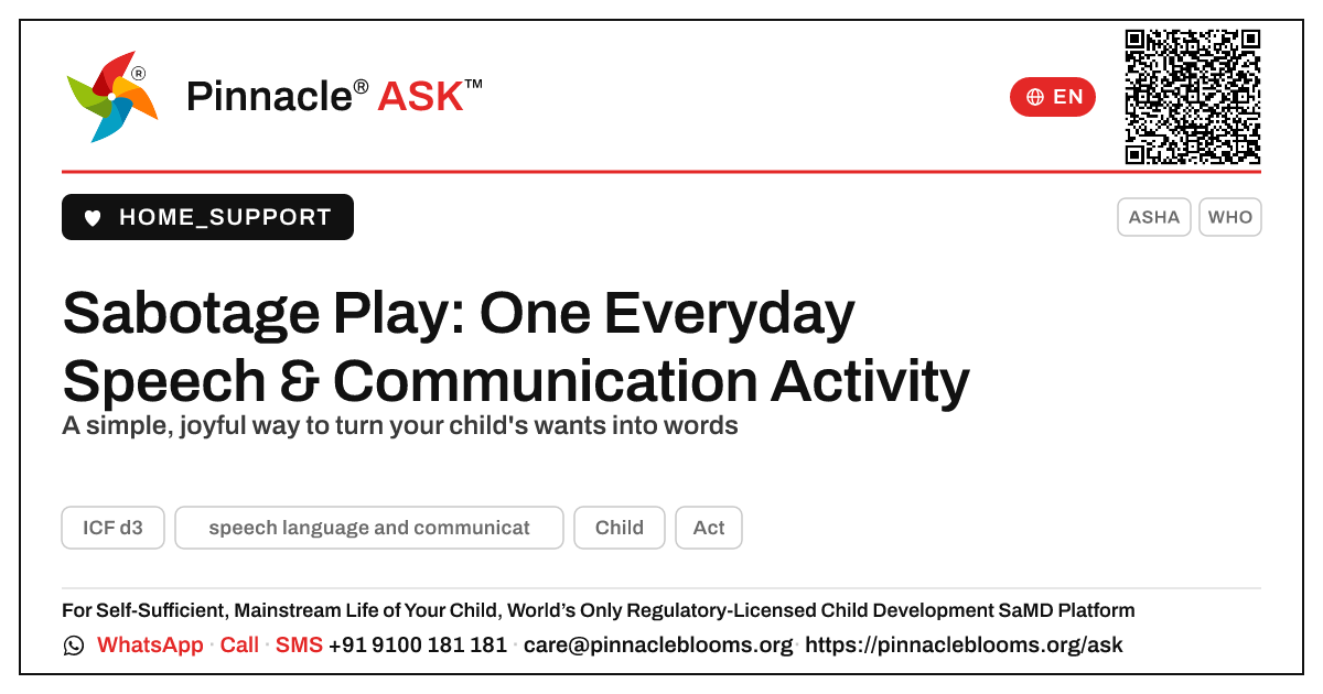 One Everyday Therapy Activity for Speech, Language and Communication — Pinnacle Ask answer card with a short explanation and QR link