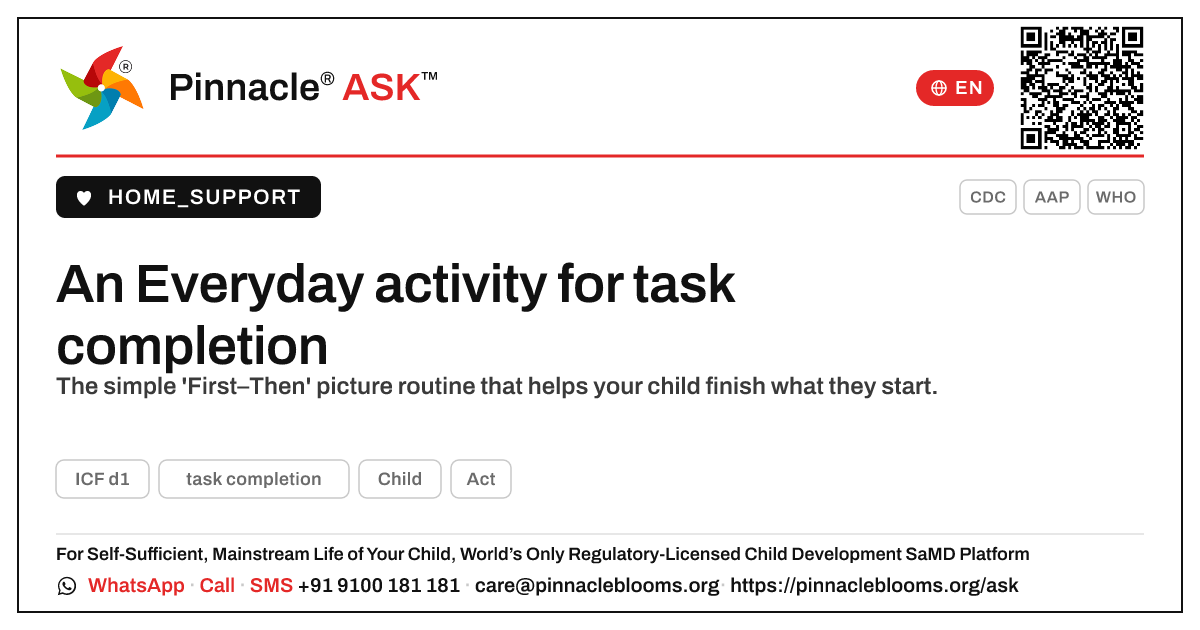 What is one Everyday Therapy activity to help my child with task completion? — Pinnacle Ask answer card with a short explanation and QR link