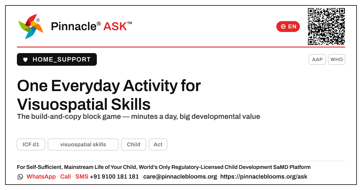 What is one Everyday Therapy activity to help my child with visuospatial skills? — Pinnacle Ask answer card with a short explanation and QR link