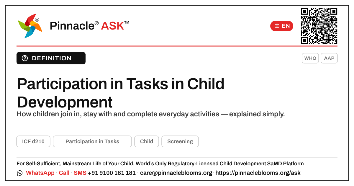 What is Participation in Tasks in child development? — Pinnacle Ask answer card with a short explanation and QR link