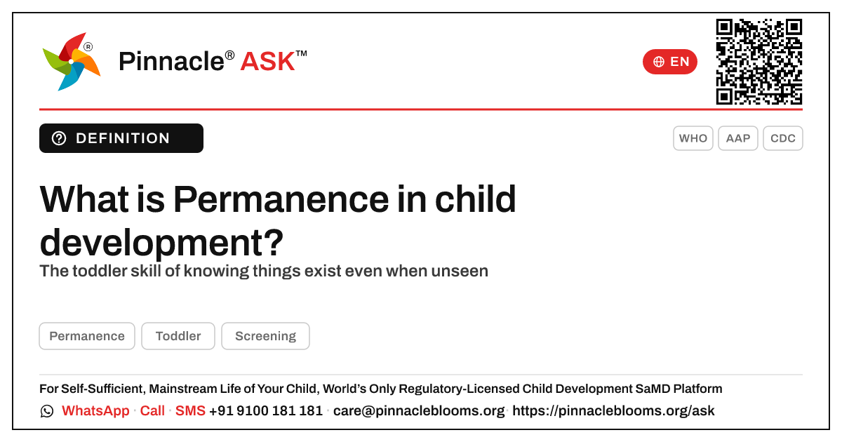 What is Permanence in child development? — Pinnacle Ask answer card with a short explanation and QR link