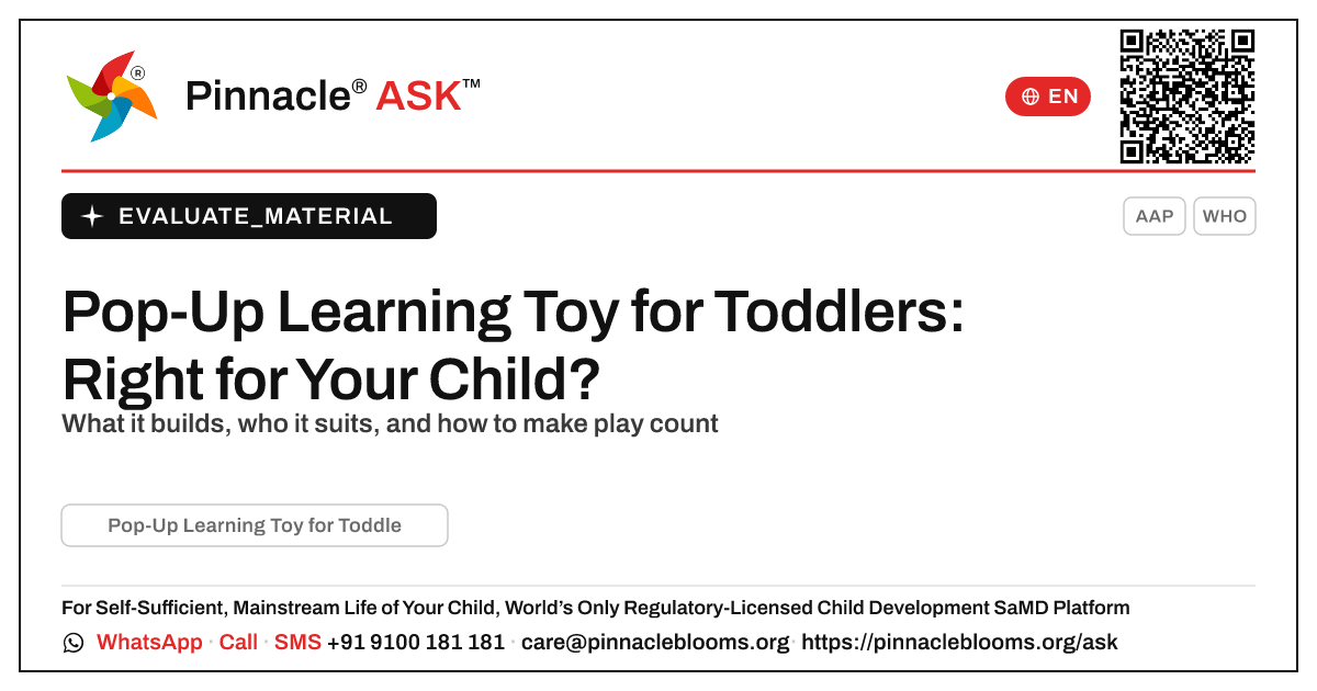 Pop-Up Learning Toy for Toddlers: Is It Right for Your Child? — Pinnacle Ask answer card with a short explanation and QR link