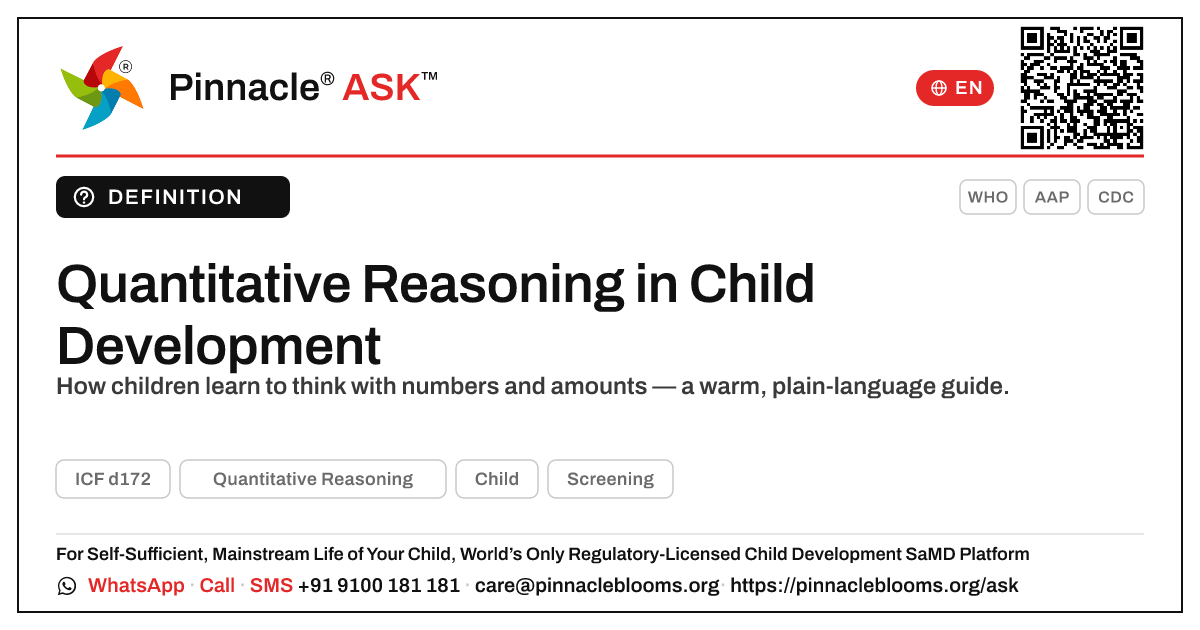 What is Quantitative Reasoning in child development? — Pinnacle Ask answer card with a short explanation and QR link